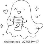 Cute ghost holding coffee cup one line art halloween vector illustration