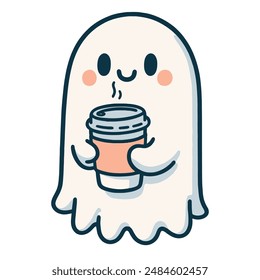 Cute Ghost Holding Taza de café Ilustración de dibujos animados