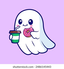 Lindo Fantasma Que Sostiene El Café Y El Donut Ilustración De Vector De Dibujos Animados. Alimento Festiva Icon Concept Aislado Premium Vector. Estilo plano de dibujos animados