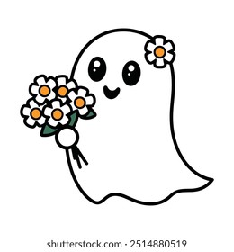 Fantasma bonito segurando Daisy Flores Ilustração do Desenho Animado