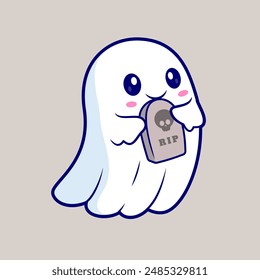 Cute Ghost Holding Gravestone Cartoon Vector Icon Illustration. People Holiday Icon Concept Isolated Premium Vector. Flat Cartoon Style