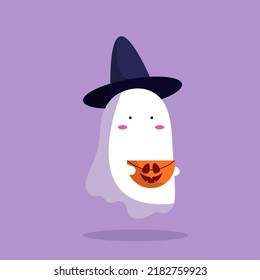 Cute ghost holding halloween bag illustration