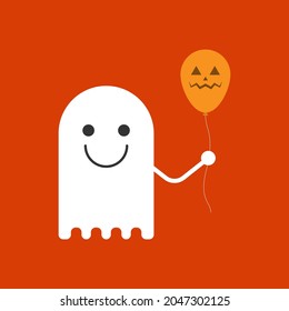 Cute ghost holding halloween balloon. Halloween concept. Happy halloween. Flat design vector illustration on isolated background.
