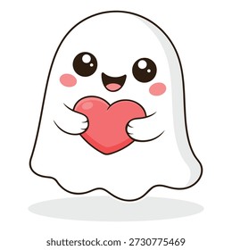 Bonito fantasma segurando o coração personagem de desenho animado, Kawaii Love Valentine Illustration