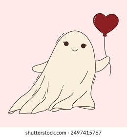 Cute ghost holding a heart shaped red balloon. Kind halloween character for kids. Flying phantom in white sheet. Spooky spirit vector clipart