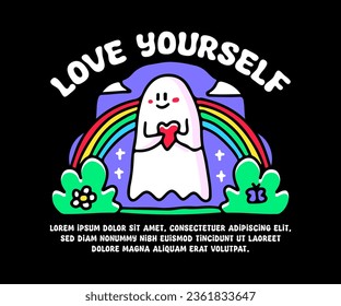 Cute ghost holding heart symbol and rainbow on background with love yourself text, illustration for logo, t-shirt, sticker, or apparel merchandise. With doodle, retro, groovy, and cartoon style.