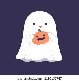 Cute ghost holding jack pumpkin with face. Funny Halloween spook smiling. Happy spooky phantom character for October holiday. Kawaii adorable magic spirit. Isolated childrens flat vector illustration