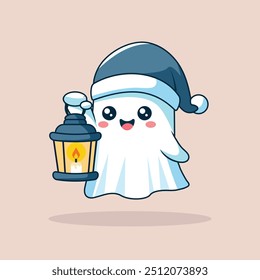 Ilustração de ícone de vetor de desenhos animados bonito Ghost Holding Lanterna. Ícone De Feriado De Pessoas Conceito Isolado Vetor Premium. Estilo de Desenho Animado Plano