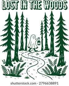 Cute Ghost Holding Lantern Walking Through Forest with Lost in the Woods Text