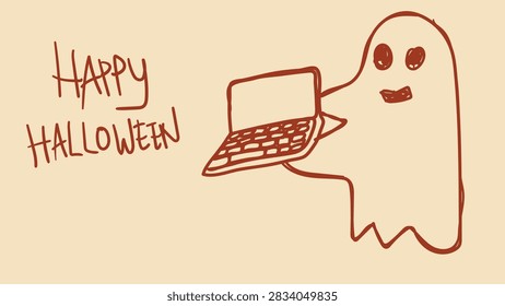 cute ghost holding laptop