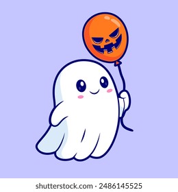 Cute Ghost Holding Pumpkin Balloon Cartoon Vector Icon Illustration. People Holiday Icon Concept Isolated Premium Vector. Flat Cartoon Style