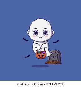 Cute ghost holding pumpkin basket full of candies