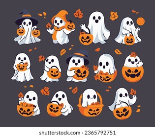 Cute Ghost Holding Pumpkin Basket Autumn Vector Illustration Set