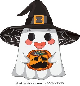 Cute Ghost Holding Pumpkin Candy Basket Vector