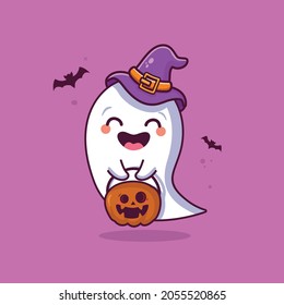 Cute ghost holding pumpkin cartoon illustration