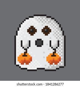 A cute ghost holding a pumpkin. happy Halloween pixel art. Vector picture.