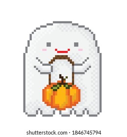 A cute ghost holding a pumpkin. happy Halloween pixel art. Vector picture.
