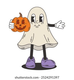 Ein süßer Geist, der einen gruseligen Kürbis in den Händen hält. Halloween Retro-Charakter. Groovy Cartoon, Vektorgrafik. Isoliertes Design-Element.