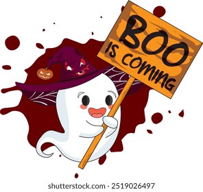 Cute ghost holding a sign board boo is coming vector chibi cartoon