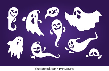 Cute ghost holiday characters flat style design vector illustration set isolated on dark background. Halloween Haunted boo spooky symbol flying above the ground.