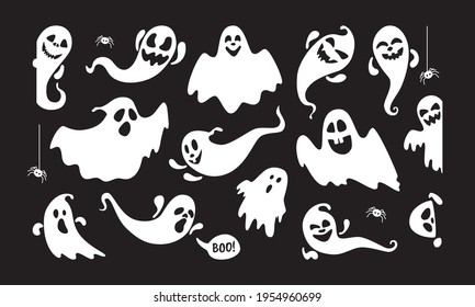 Cute ghost holiday characters flat style design vector illustration set isolated on dark background. Halloween Haunted boo spooky symbol flying above the ground.