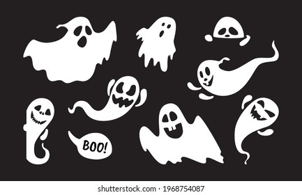 Cute ghost holiday characters flat style design vector illustration set isolated on dark background. Halloween Haunted boo spooky symbol flying above the ground.