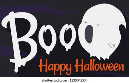 Cute ghost howling its "boo" scare in the Halloween night, trying to frighten you during this spooky event.