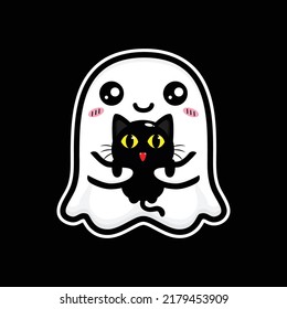 cute ghost hugging black cat