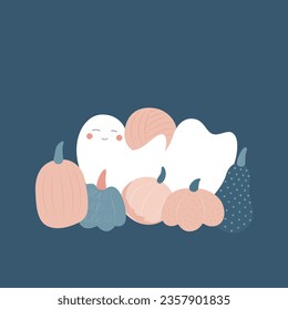A cute ghost is hugging a pumpkin. Template for postcard, print, banner, poster, textile. Vector illustration in flat modern style.