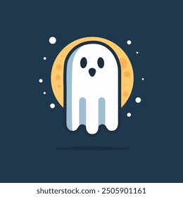 Cute ghost icon. Cartoon ghost and moon. Flying haunted. Spooky logo. Scary spirit. Halloween phantom design. Cute cartoon spooky character. Halloween poster with cute ghost flying around moon in dark