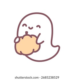 Cute ghost icon. Funny little ghost character holding small pumpkin. Doodle illustration isolated on white background. Kawaii halloween sticker. Vector 10 EPS.
