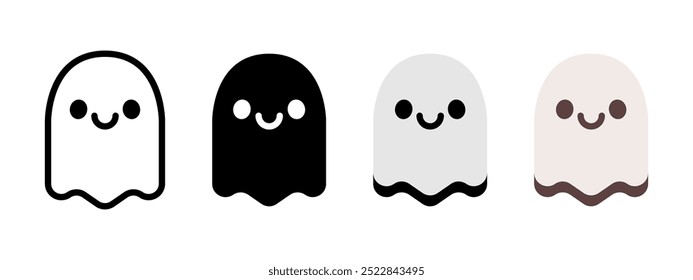 Cute ghost icon. Smiling ghost vector illustration. Phantom spirit Halloween character symbol. Spook logo. Black and white ghost logotype. Cute spirit symbol. Smiling phantom silhouette isolated.