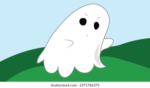 cute ghost illustration with blue background in the hill bright mountain spoky scene