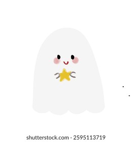 Cute Ghost Illustration with Bow Scarf Broomstick Star