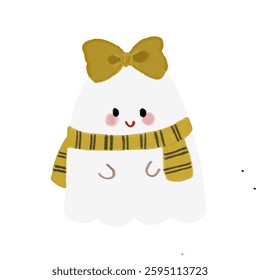 Cute Ghost Illustration with Bow Scarf Broomstick Star