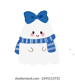 Cute Ghost Illustration with Bow Scarf Broomstick Star
