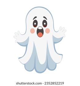 Cute ghost illustration for Halloween, featuring large eyes, an open mouth, and a white shroud. Monster for Halloween. Little spirit in flat style. Vector illustration.