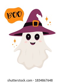 cute ghost illustration with halloween ghost in witch hat and lettering boo, funny halloween background