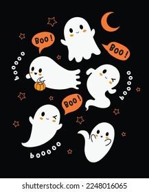  Cute ghost illustration. Happy halloween party greeting card. Holidays cartoon characters. Cute t-shirt graphics for kids. Spooky vector design.Party concept, children books, prints,wallpapers art.