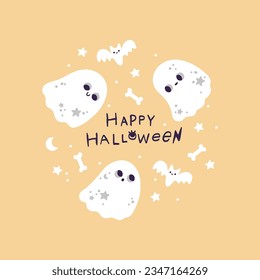 Cute Ghost illustration, Happy Halloween party card with bats and bones on yellow background.