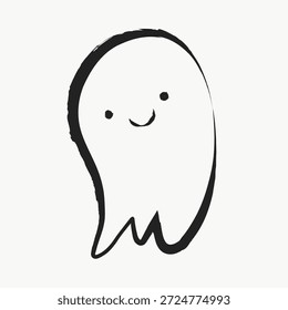Linda ilustración de fantasma con una cara sonriente. Simple diseño fantasma blanco y negro. Personaje fantasma feliz perfecto para temas de Halloween y decoraciones espeluznantes. Vector de ilustración Doodle.