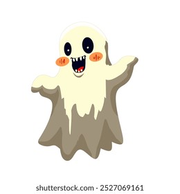 A cute ghost illustration with wide eyes and a cheerful expression, perfect for Halloween themes. The ghost floats with an animated, playful design