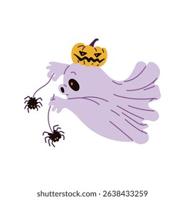 A cute ghost illustration,pumpkin hat and two spiders. Fun cartoon character for Halloween-themed designs or a vibrant vector art set.