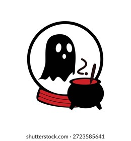 Fantasma bonito dentro de uma bola de cristal com um caldeirão fervente, ilustração plana assustadora ainda brincalhão para fantasia e conceitos de Halloween.