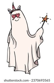 Cute ghost isolated, Cartoon Ghosts, Spooky vector, Cute doodle character, Halloween scary spirit with magic wand, heart shape glasses and unicorn hair hoop