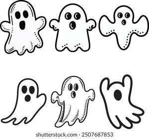 Cute ghost isolated, Vector Halloween concept, Cartoon Ghosts, Spooky vector, White ghost with black eyes, Cute ghost icon isolated, Cute cartoon spooky character, Holiday Silhouettes.