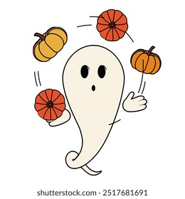 Cute ghost juggling pumpkins and floating
