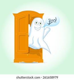 Cute Ghost jumping from the cupboard, vector illustration