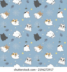 cute ghost kitten cat halloween pattern seamless background cartoon doodle hand drawn