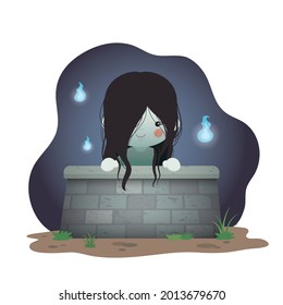 Cute ghost lady in water well with will-o'-the-wisp. Japan ghost cartoon character. Flat design. Vector illustration. 